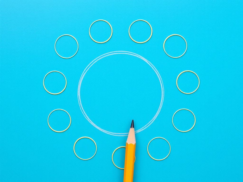 Create an image of a yellow pencil drawing a circle on a blue background featuring twelve empty circles around it, captured with a Canon EOS 5D Mark IV at f/8, ISO 100, 1/125 sec, in a flat lay perspective with vibrant colors for enhanced clarity.
