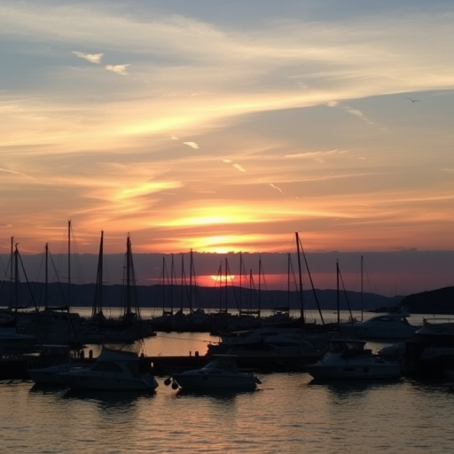 Sunset over a quiet harbor, boats gently rocking in the water, the sky ablaze with warm colors, and the distant sound of gulls echoing in the air.