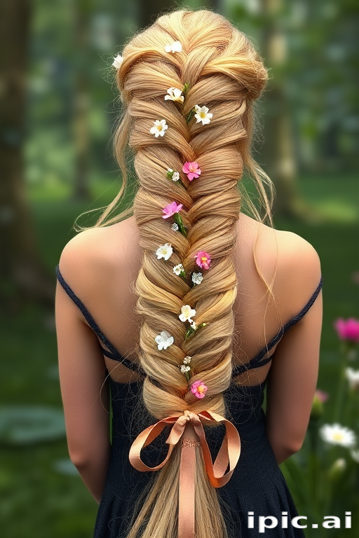Enchanted Fairy Tale Rapunzel Braid featuring an ultra-long golden blonde braid interwoven with delicate wildflowers and shimmering ribbon accents cascading down to the ankles