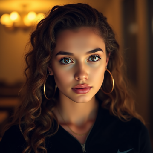 A young woman with long, curly brown hair is looking directly at the viewer. She is wearing a black top with a zipper down the front. The setting is a dimly lit interior space, with a warm, golden light emanating from the background. Her expression is neutral, with a hint of seriousness. The image is a close-up portrait with a shallow depth of field, focusing on the woman's face and torso. The background is blurred, creating a soft and intimate atmosphere.  She is wearing large gold hoop earrings, and a small gold chain is visible around her neck.  Her makeup is natural and simple, highlighting her brown eyes. The lighting creates subtle shadows that accentuate her features.  Her skin is smooth and glows in the soft light. The composition is balanced, with the woman's face positioned in the center of the frame.  The image is focused on capturing her beauty and confidence.