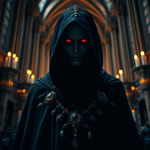Regenerate the image of a dark, mystical figure with red eyes wearing a black cloak adorned with jewels, set against a lit cathedral backdrop with flickering candles, using a Canon EOS R5 with a 50mm f/1.2 lens, aperture set to f/1.2, ISO 100, shutter speed 1/200s, shooting from a low angle perspective for dramatic effect.