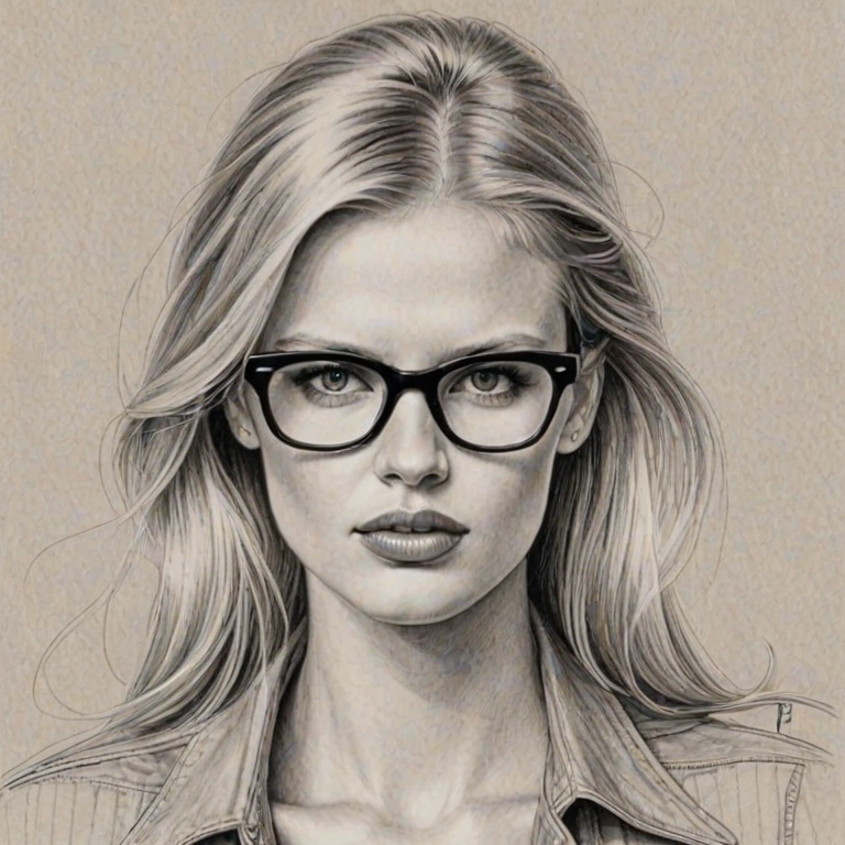 Charming Lara Stone, pencil sketch, portrait of Bewitching woman 1979s in glasses, hair style beatnik, outline, clear lines, fine lines, 8k