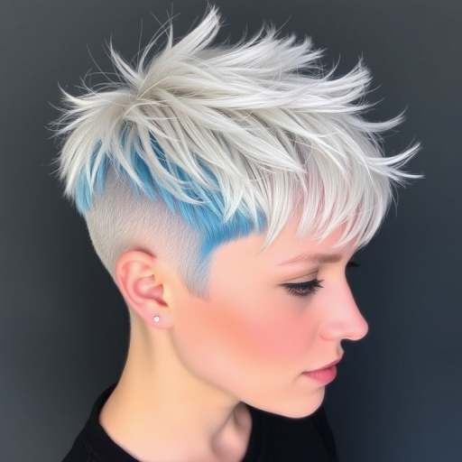 Platinum blonde pixie cut with electric blue tips, created by "Frost & Fire" stylists, showcasing a textured, spiky top and closely cropped sides, accentuated by delicate silver highlights throughout, giving an ethereal, ice-queen appearance that catches the eye from every angle.