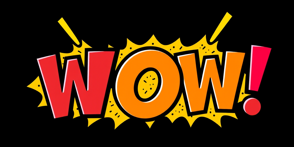 Create a vibrant pop art style image featuring the word "WOW!" in bold, colorful comic book speech bubbles with a black background, using a DSLR camera with a 50mm lens, f/2.8 aperture, ISO 200, and a slight vignette effect for enhanced detail and contrast.