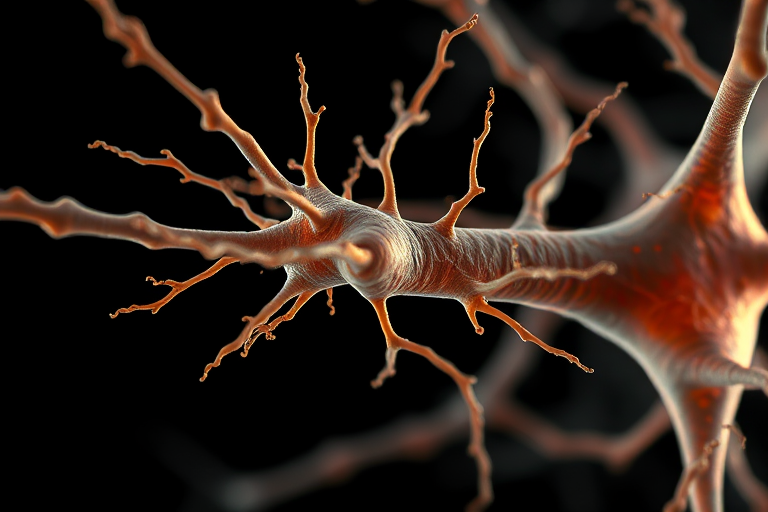 highly detailed close-up of a neuron with intricate dendrites and axon, illuminated against a dark background, macro lens, f/2.8 aperture, 1/200s shutter speed, ISO 100, digital DSLR camera