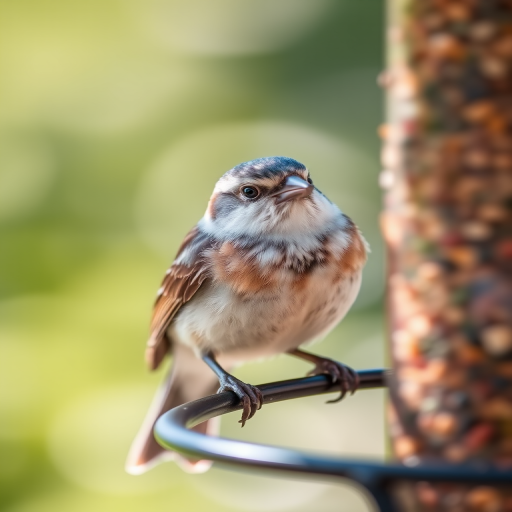 A detailed close-up of a small bird perched on a feeder with a blurred natural background showcasing soft bokeh, captured with a Canon EOS R5, 85mm lens, aperture set at f/1.8, ISO 200, shutter speed 1/250s, in daylight to enhance image clarity and colors.