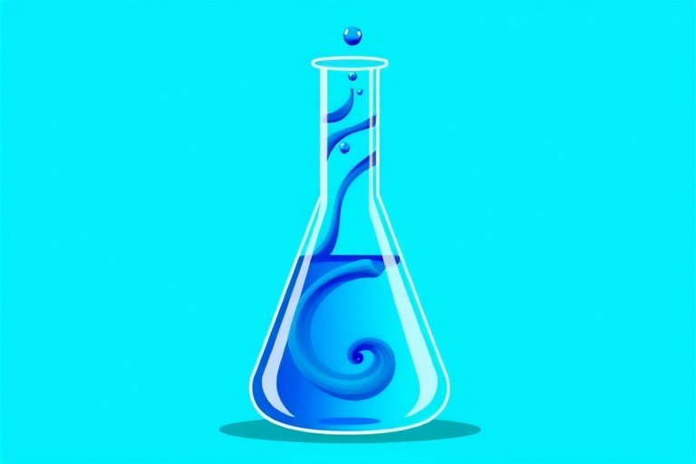 A vibrant illustration of a blue laboratory flask with a liquid swirl, set against a turquoise background, captured with a DSLR camera, 50mm lens, f/2.8 aperture, ISO 100, natural light.