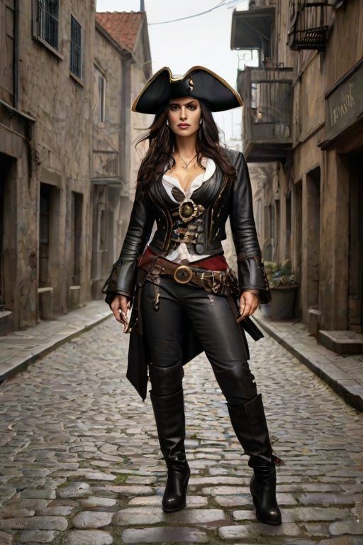 Create a portrait of a fierce female pirate. She wears a leather tricorn hat adorned with a skull and crossbones emblem, and her long, dark hair flows around her face. Her outfit consists of a richly detailed leather jacket, a corset, and multiple layers of belts and accessories, giving her a formidable and stylish appearance. She stands confidently in a dimly lit, historic port town, with a backdrop of weathered buildings and cobblestone streets, capturing the adventurous spirit of a pirate.