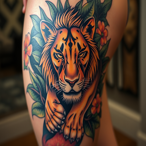 Powerful body tattoo portraying a fierce lioness emerging from lush foliage on the thigh, executed in hyper-realistic style with intricate details and rich earth tones
