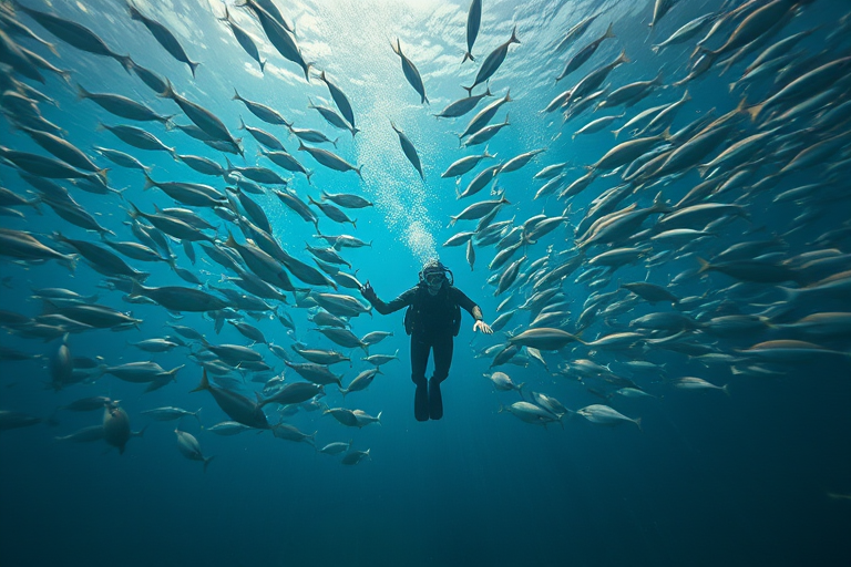 Underwater scene of a diver swimming among a school of fish, using a Canon EOS R5 camera with an 18-35mm lens, aperture f/4, ISO 400, shutter speed 1/125s, wide-angle view, high-definition quality.