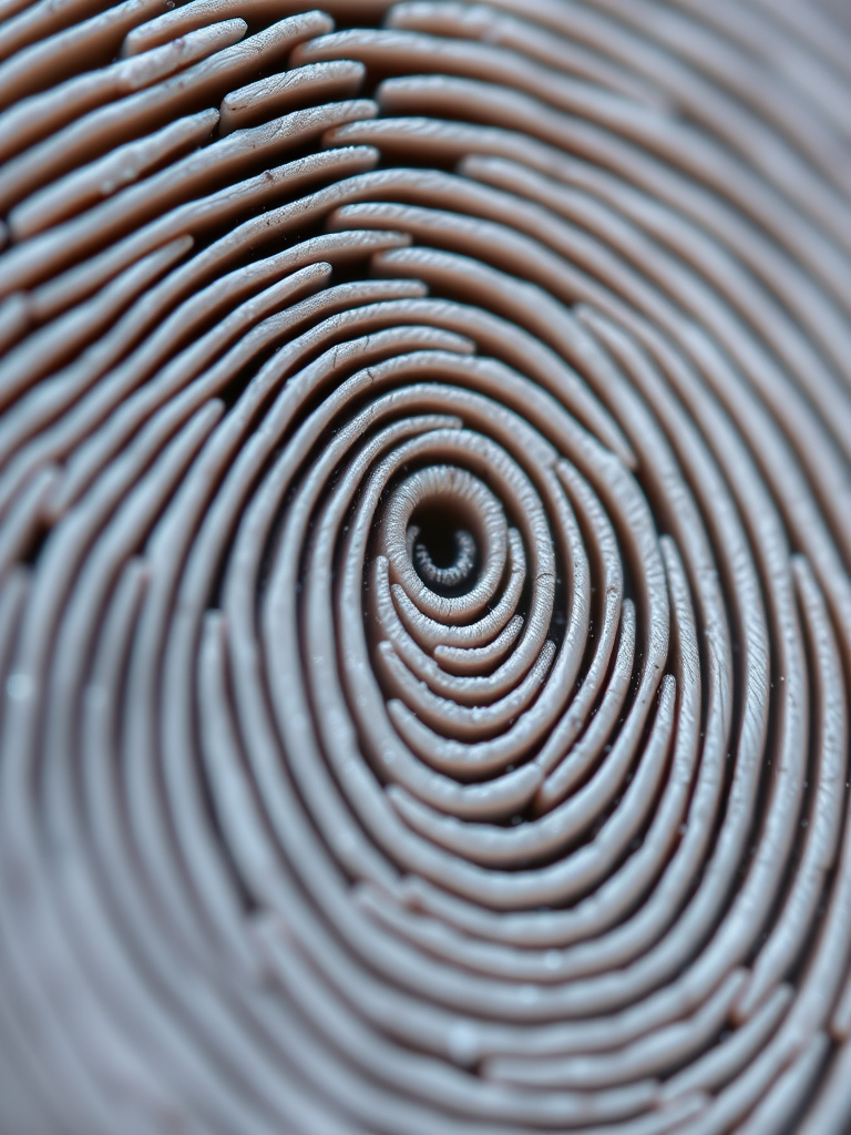 Create a high-resolution close-up image of a fingerprint in fine detail, captured with a Canon EOS R5, 85mm lens, f/1.8 aperture, ISO 100, natural light, macro view for enhanced texture clarity.