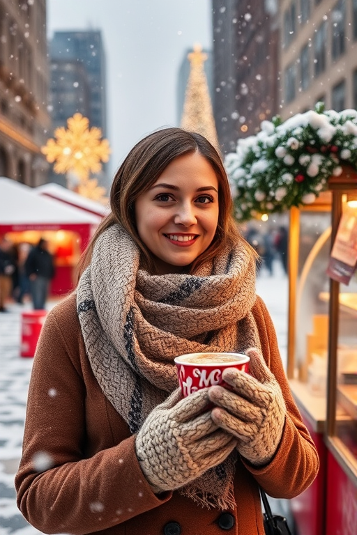 Snow-covered city square, holiday lights twinkling in the distance, a woman in a woolen scarf and mittens stands near a vendor's cart, holding a cup of hot chocolate, her cheeks flushed from the cold.