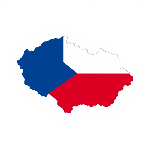 Create a high-resolution digital illustration of the map of the Czech Republic featuring the national colors of blue, white, and red, with a clean and smooth outline, using an 85mm lens at f/8 aperture, ISO 100, in a studio setting with soft, even lighting.
