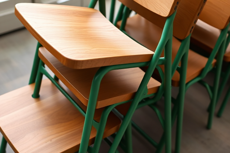 Create an image of stacked wooden folding chairs with green metal frames, taken with a DSLR camera at f/2.8 aperture, ISO 100, 50mm lens, in natural light from a top-down angle.