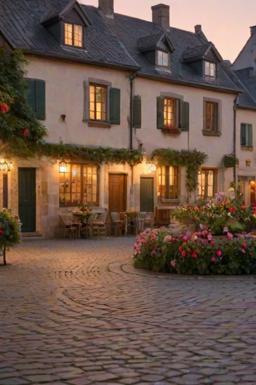 Soft-focus image of a quiet village square at dawn, with soft golden light reflecting off the cobblestones, flower boxes hanging from windows, and a fountain gently trickling in the center.