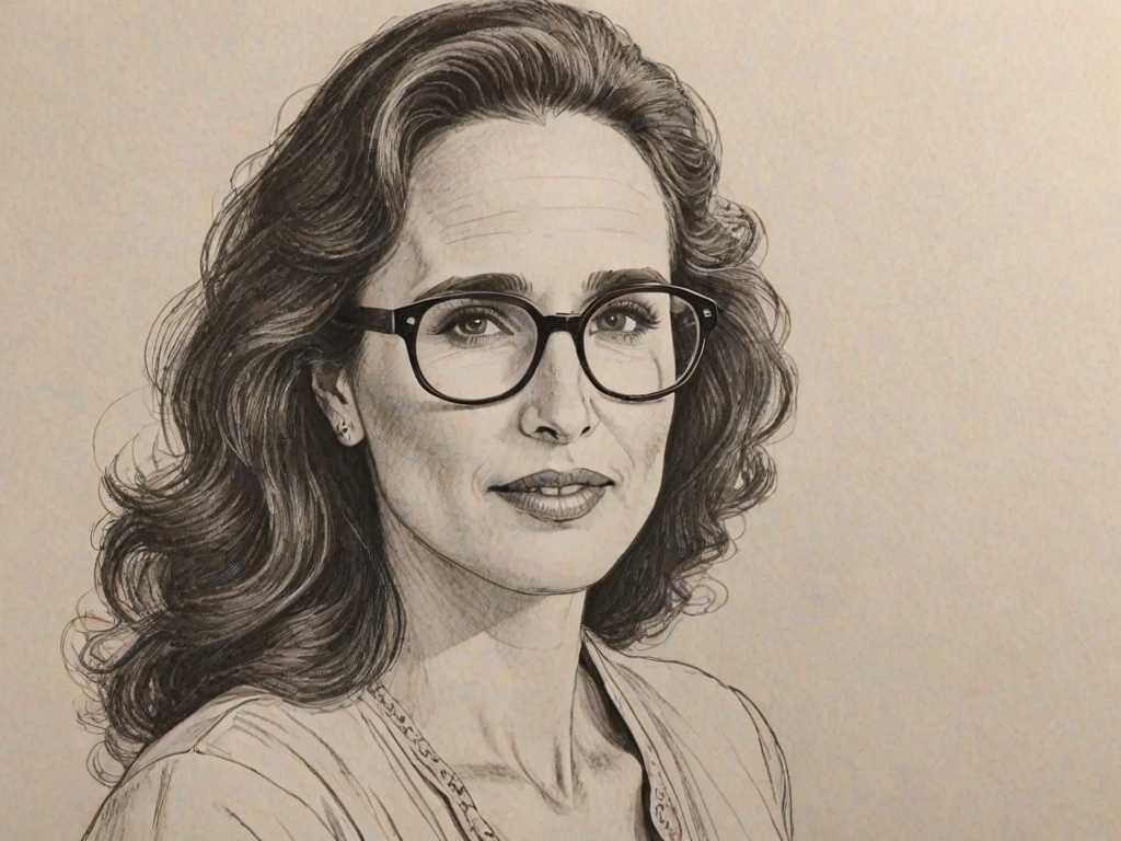 Elegant Andie MacDowell, pencil sketch, portrait of Pleasing woman 1964s in glasses, hair style beatnik, outline, clear lines, fine lines, 8k