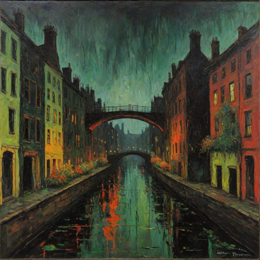 Misty Night, october. Half the frame is occupied by the wall of an old lonely towerhouse. Garlands of flowers hang from the windows. The rest of the frame is a view of the canal and bridge. Abstract expressionism, grunge impasto red orange, black, green intense oil colors on canvas. Jackson Pollock's, naive childish lines, microsplashes. Disturbing, depressive.