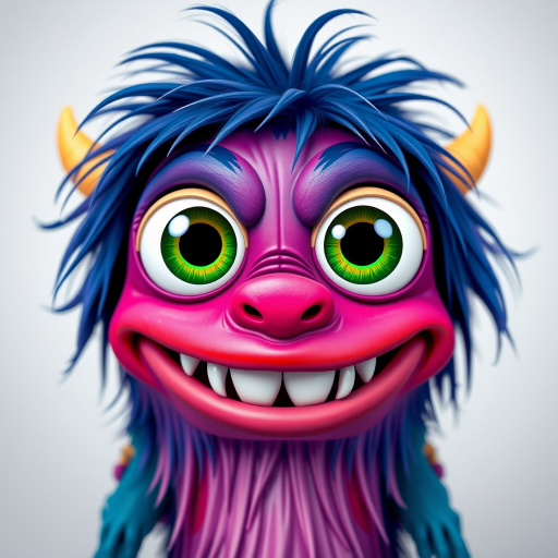 Create a vibrant cartoon monster character with large eyes, sharp teeth, and a playful demeanor, using a DSLR camera with a 50mm lens, aperture f/1.8, ISO 100, and a shallow depth of field to enhance the colors and details in a studio setting.