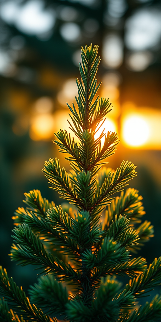Capture a close-up of a small evergreen tree backlit by warm sunlight during golden hour with a shallow depth of field, use a DSLR camera at f/2.8, ISO 100, shutter speed 1/200s, 50mm lens, and vibrant color settings for enhanced image quality.