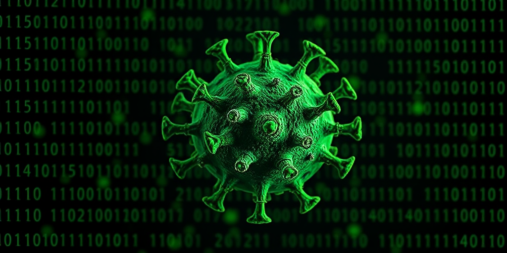 highly detailed digital illustration of a green virus on a black background filled with cascading binary code, macro lens, f/2.8 aperture, ISO 100, 50mm focal length, studio lighting, concept art style