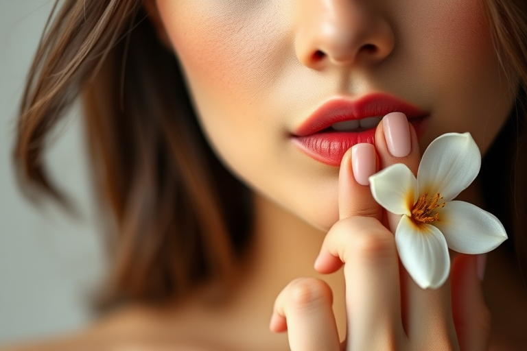 close-up portrait of a woman with elegant nail art and a white flower, soft lighting, shallow depth of field, 50mm lens, f/1.8 aperture, ISO 100, natural light, studio setup