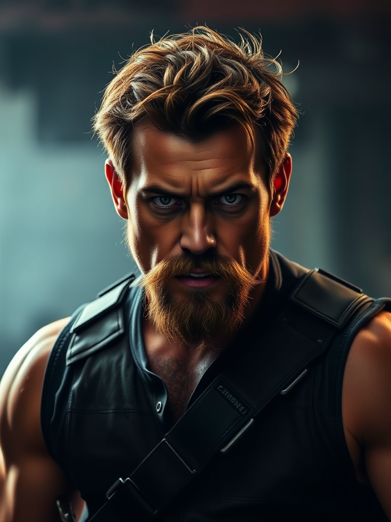 realistic lighting, photo, photorealistic, portrait of rugged man, brown hair, thick moustache, intense expression, wearing a black leather vest, muscular build, shoulder harness, dramatic lighting, gritty and tough