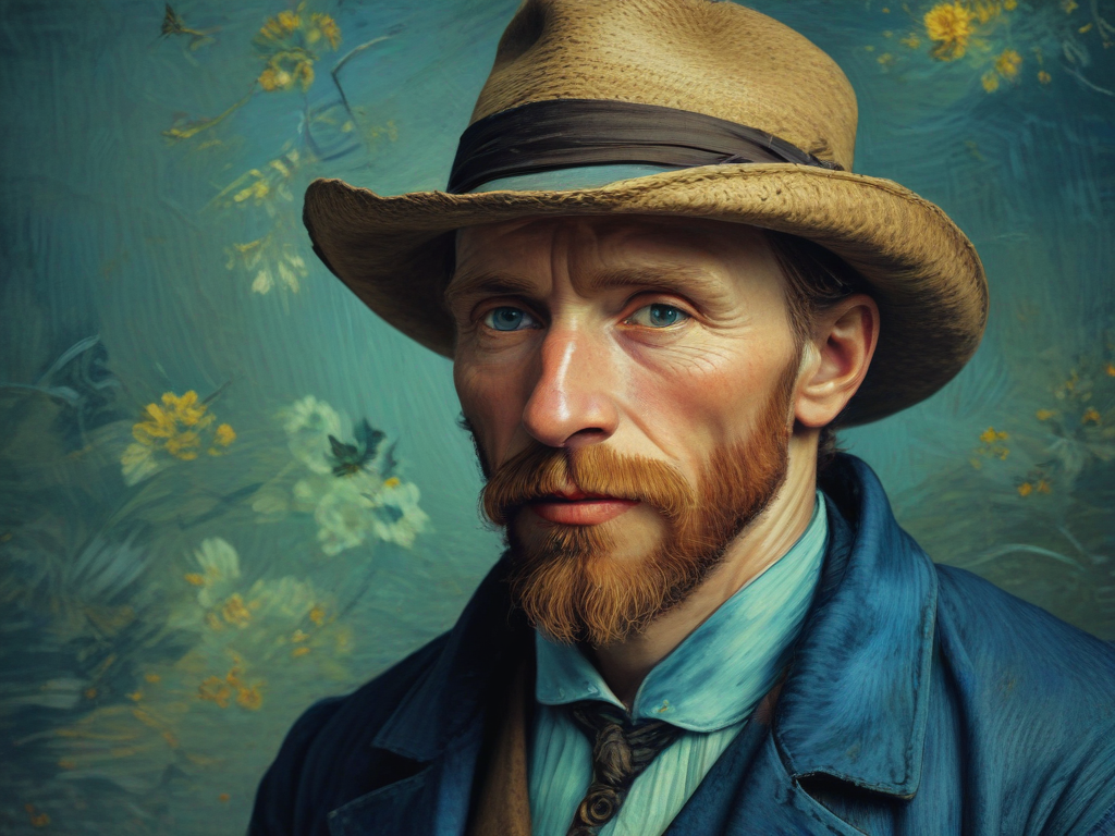 Portrait of a Thoughtful Artist in a Straw Hat Against Floral Background
