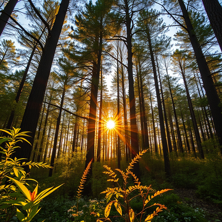 Create a highly detailed image of a serene forest landscape during golden hour with sun rays filtering through the trees, using a Canon EOS R5 camera, aperture set to f/2.8, shutter speed at 1/100 sec, ISO 200, shot from a low angle perspective with a wide-angle lens, emphasizing vibrant colors and intricate textures in the foliage.