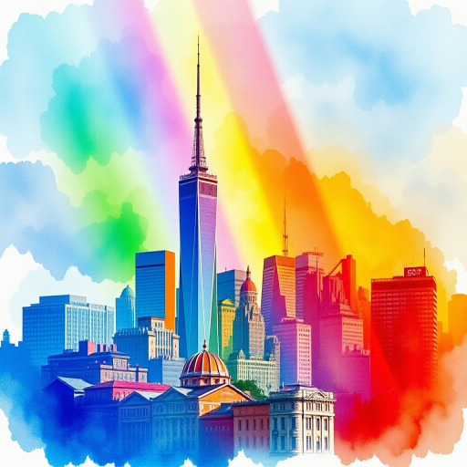 Create a vibrant watercolor illustration of a city skyline, featuring a prominent tower, surrounded by colorful buildings and a rainbow in the background, shot with a Nikon D850 at f/8, ISO 200, 24mm focal length, using a wide-angle lens to enhance depth and detail.