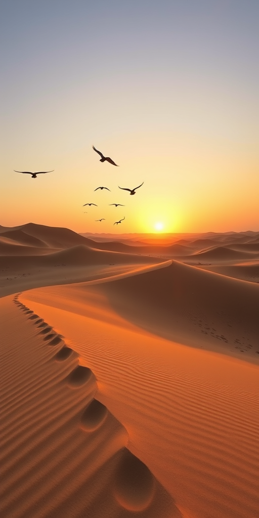 capture a tranquil desert landscape at sunset with rolling sand dunes and silhouettes of birds in flight using a DSLR camera, 50mm lens, f/1.8 aperture, ISO 100, 1/200s shutter speed, golden hour lighting, wide angle view, soft focus background for enhanced depth