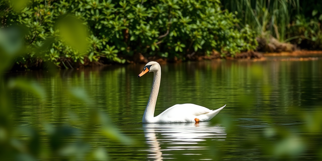 a serene scene of a swan gliding on calm water surrounded by green foliage, captured in natural light with a shallow depth of field, using a DSLR camera at f/2.8, shutter speed 1/250s, ISO 100, in a wide-angle view