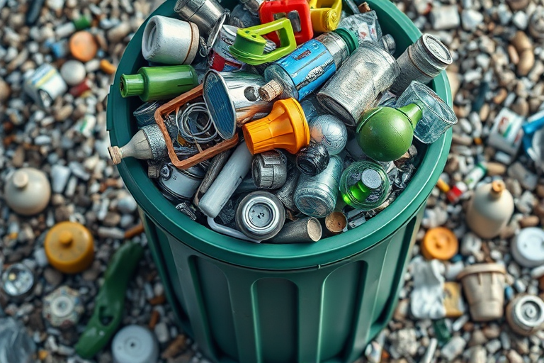 Create a detailed illustration of a green trash can overflowing with various types of waste including metal, glass, and plastic items, captured in high resolution with a DSLR camera at f/5.6 aperture, ISO 100, and a 50mm lens, using a top-down perspective and soft lighting to enhance color vibrancy and detail.