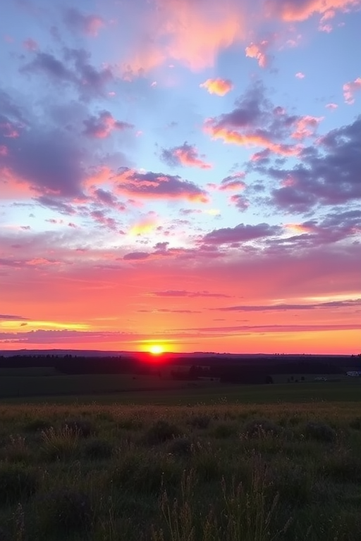 Generate a high-resolution image of a serene landscape at sunset with vibrant colors, ISO 100, f/8 aperture, 1/200 sec shutter speed, landscape view, using a DSLR camera for enhanced quality.