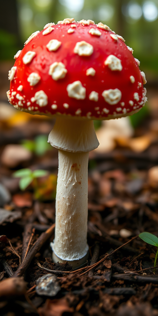 mushroom in forest setting, macro photography, focus on vibrant red cap with white spots, shallow depth of field, 50mm lens, f/2.8, ISO 100, natural light, slight underexposure for enhanced texture, DSLR camera