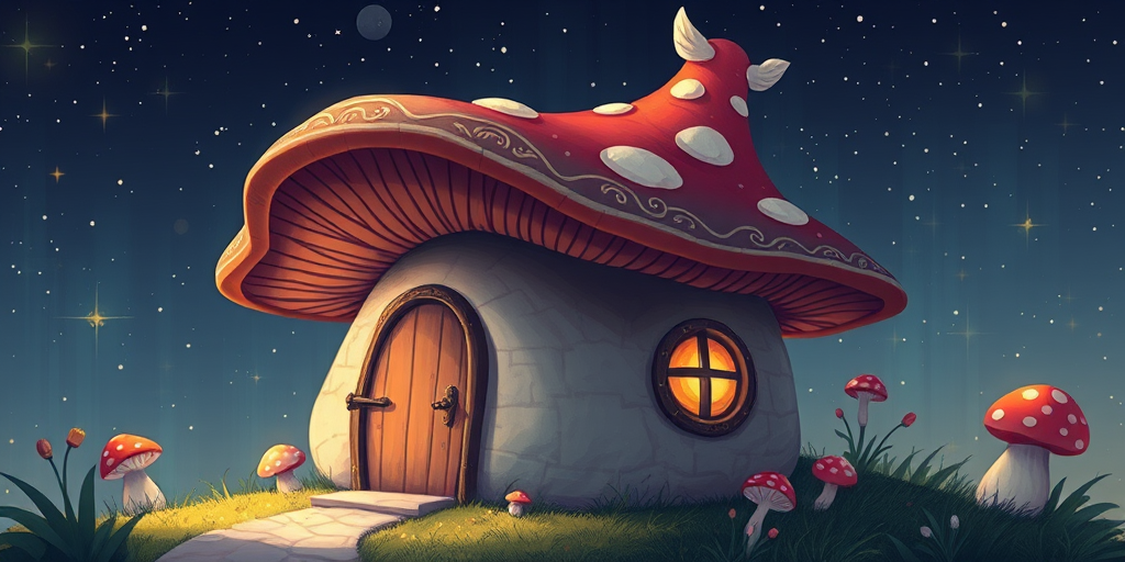 generate illustration of a mushroom house with a door and a window, a storybook , fantasy art, mushroom house, bg starry sky, sparkles