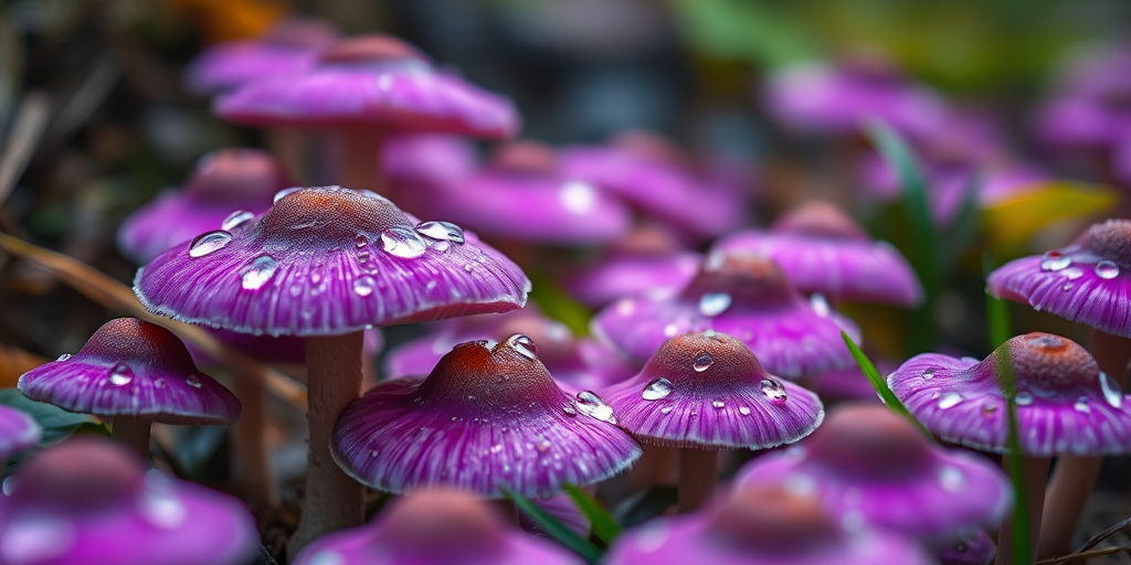 mushroom forest scene with vibrant purple mushrooms, macro photography, shallow depth of field, f/2.8 aperture, ISO 100, 100mm lens, soft natural lighting, focus on water droplets on mushroom caps, DSLR camera, close-up view