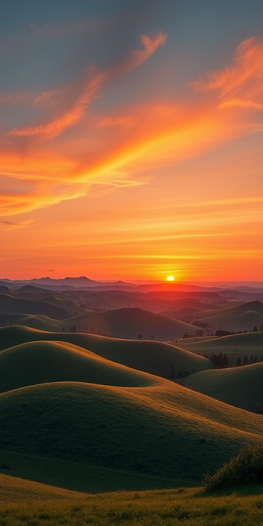 Create a high-resolution image of a serene landscape with rolling hills and a vibrant sunset in the background, using a Canon EOS R5 camera, aperture f/8, ISO 100, shutter speed 1/60s, captured from a wide-angle perspective, using landscape photography style.