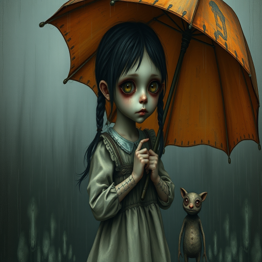 An eerie, weird little girl with dark hair in thin pigtails, wearing a smock dress, standing in the rain, holding a dirty orange umbrella, a small, odd creature beside her. In a surreal style inspired by Nicoletta Ceccoli and Brian Froud. Dark fantasy themes