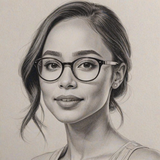 Radiant Cara Santana, pencil sketch, portrait of Fascinating woman 1929s in glasses, hair style beatnik, outline, clear lines, fine lines, 8k