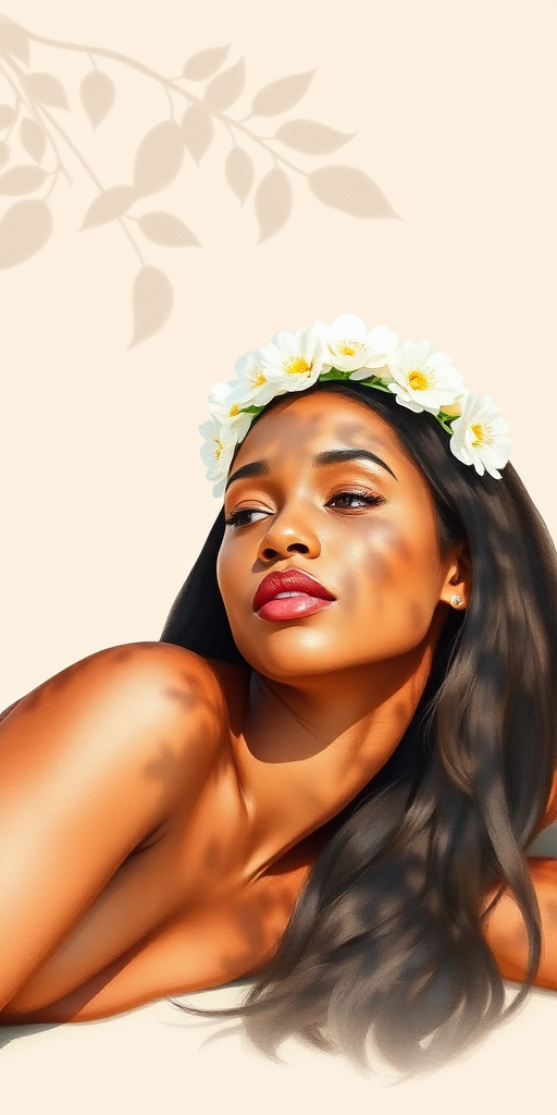 create a watercolor painting of an ethereal portrait of beautiful African American woman with a simple white flower crown on her head. Her hair is long and she is lying on the ground. The sunlight on the trees casts shadows from the leaves on her face and body. The background is a neutral brown color that matches her skin tone. The image is minimalist and solid colors. This style is characterized by soft, delicate brushstrokes and a light, airy, contrasting color palette. High level of detail and play of light