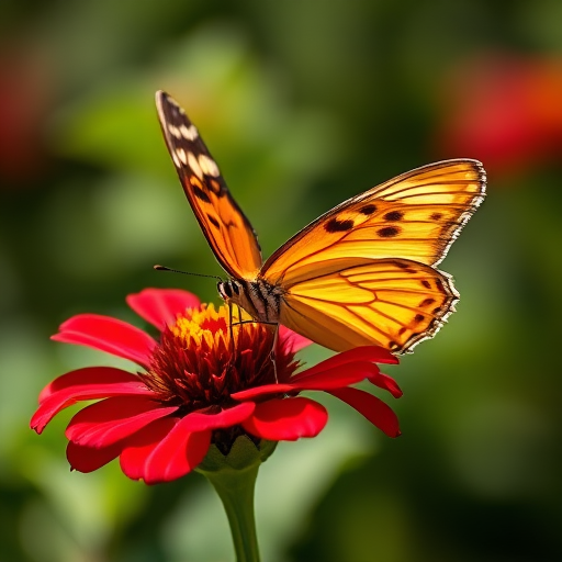 Close-up shot of a butterfly perched on a vibrant red flower, using a DSLR camera with a 50mm lens, aperture set to f/2.8 for a shallow depth of field, ISO 200, shutter speed 1/250 sec, natural sunlight for enhanced colors.