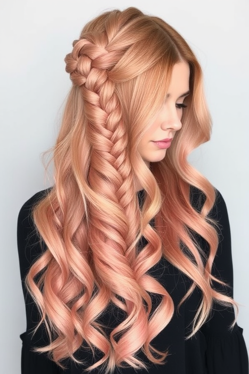Romantic rose gold waves styled in the "Blush Cascade" half-up fishtail braid, long flowing layers with soft pink undertones, face-framing pieces gently curled, subtle copper highlights adding warmth, dreamy ethereal appearance