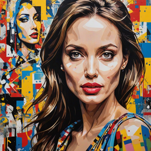 A vibrant artwork blending bohemian style with edgy street art, featuring a young angelina jolie. The design mixes vibrant colors with the modern Disney-inspired style, echoing Roy Lichtenstein's pop art. The overall mood is optimistic and trendy, with elements of Johannes Vermeer’s classic elegance, combined with the geometric abstraction of crystal cubism. add Stockholm silhouette