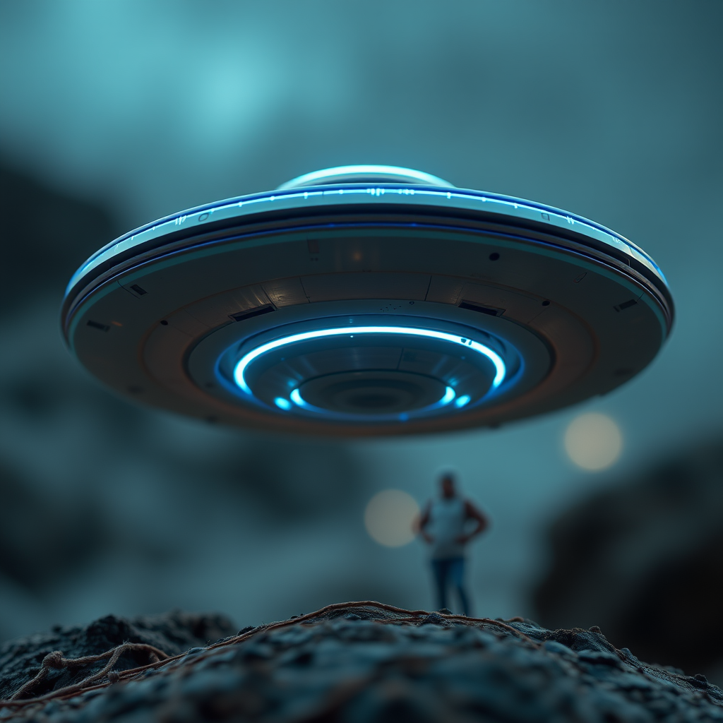 futuristic flying saucer with glowing blue accents, high dynamic range, captured with a Canon EOS R5, 24mm lens, aperture f/2.8, ISO 100, shooting in macro mode, soft focus background, positioned at a 30-degree angle.