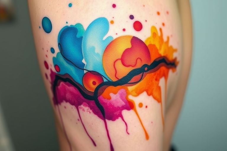 Watercolor splash tattoo called "Chromatic Cascade" with vibrant hues bleeding and blending into each other to form an abstract landscape of flowing colors and subtle gradients