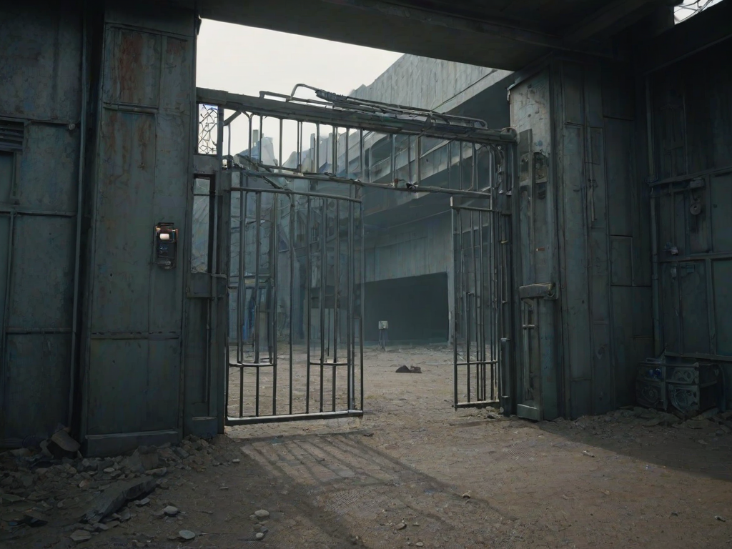 A sci-fi scene, no humans, with a closed gate, gate_prop