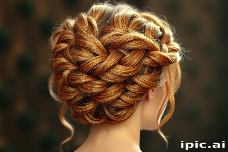 Regal hair style displaying a braided crown updo incorporating multiple shades of warm caramel and toffee blonde highlights