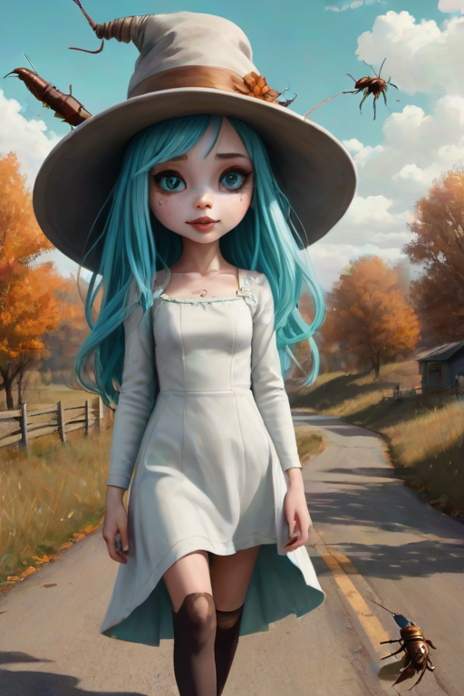 digital art fantasy depicting a strange girl with cyan hair, long eyelashes, white lipstick and a tall hat walking along a winding road on an autumn afternoon, an Cockroach smiles as she passes