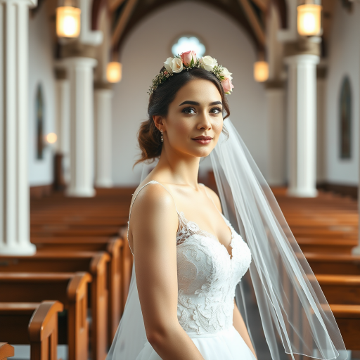 church scene, bridal model, delicate lace gown, floral headpiece, soft romantic focus, high-key lighting and an 85mm lens for soft, even tones that highlight the model’s face and bright outfit against a white or light background