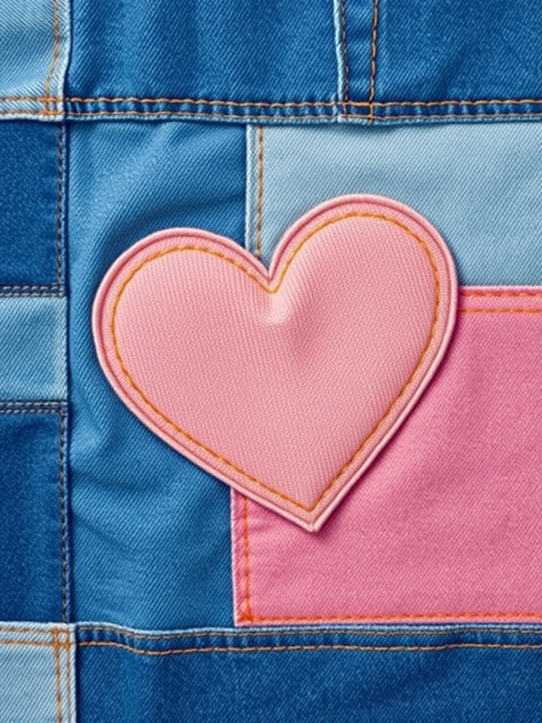 Create a high-resolution image of a denim patchwork design featuring various shades of denim with a heart-shaped patch, use a Canon EOS 5D Mark IV camera, set aperture to f/4, ISO 100, shutter speed 1/125s, shot from a top-down view with natural lighting for a soft, textured look.